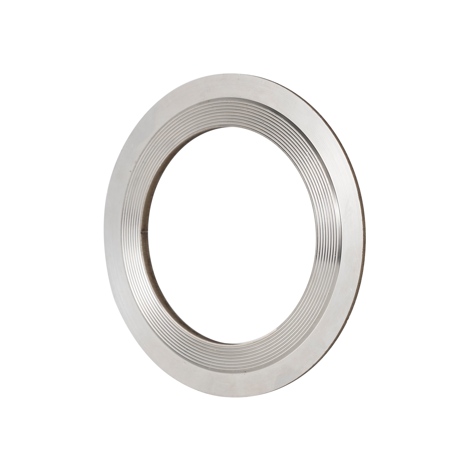 Close-up cross-sectional view of a spiral wound gasket, showing the alternating layers of metal winding strip and filler material.